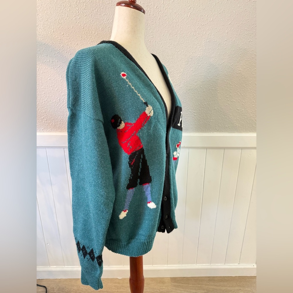 Golf Themed Knit Cardigan Sweater Men's Large Grandpa Button Up 90s Golfing - Picture 12 of 13